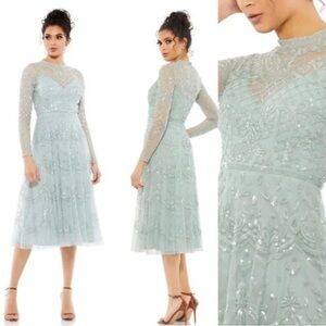 MAC DUGGAL Blue Sequined Illusion High Neck Long Sleeve Midi Dress Seafoam Sz 10
